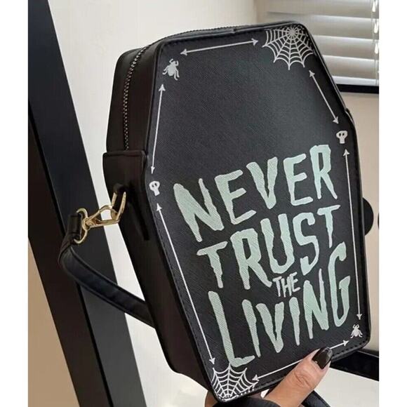 Never Trust The Living Coffin Purse Gothic Halloween Crossbody Handbag NEW - Picture 5 of 5